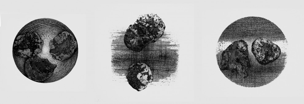 T. Chudzik | Grafikony owalne 1 | tryptyk, rysunek, kolografia, tusz, stemple, | 80x30 cm | 2017